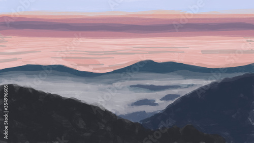 mist sunrise sunset on the moutain water color painting © James