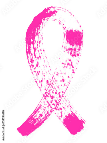 Grunge Hand-Drawn Ink Ribbon. Breast cancer awareness pink ribbon icon. Vector illustration or logo for postcard or poster.