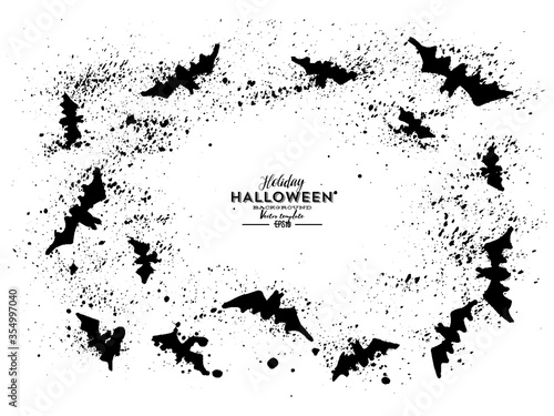Monochrome pattern with soaring bats on a white background for decoration on Halloween. Happy Halloween flying grunge ink hand-drawn bats. Decoration element background from scattered silhouettes.