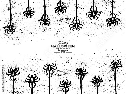 Vector grunge hand-drawn isolated pattern with hanging spiders for decoration and covering on the transparent background. Creepy background for Halloween.