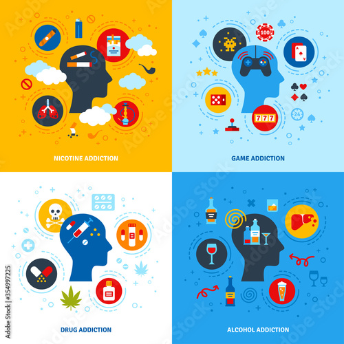 Flat Design Vector Illustration Concepts of Nicotine, Game, Alcohol, Drug Addictions. Human head flat icons, psychology logo. Bad habits collection, alcoholism, smoking, gambling.