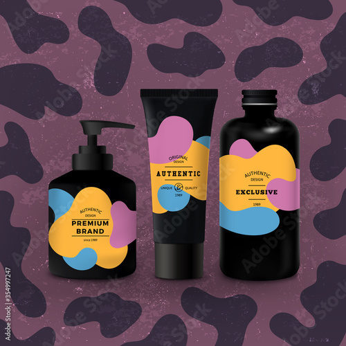 Vector Set of Black Realistic Plastic Bottles. Product Packaging Design. Plastic Container Mock Up