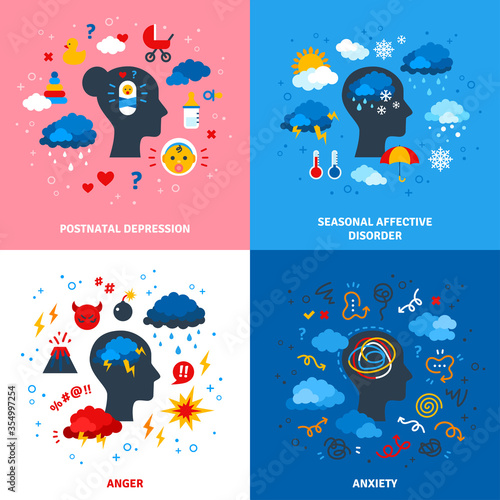 Flat Design Vector Illustration Concepts of Postpartum Depression, Anger, Seasonal Affective Disorder and Anxiety. Human head flat icons, psychology logo.