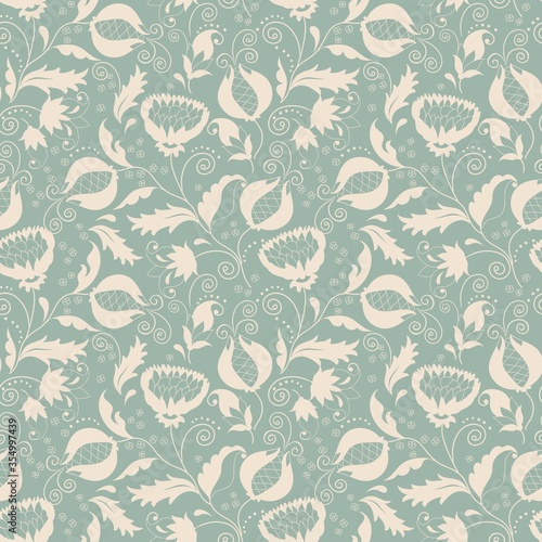 Seamless floral pattern in green and beige. Seamless victorian wallpaper. Vintage ornament for wallpaper, printing on the packaging paper, textiles