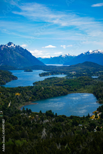 View from Villa Campanario in San Carlos de Bariloche, Patagonia, Argentina - picturesque landscape of blue water lakes and mountains, a famous tourist destination in Patagonia. 