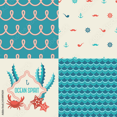 Set of Marine prints. Vector illustration. Nautical seamless pattern with rope. Emblem with crab, seaweed and sea star.