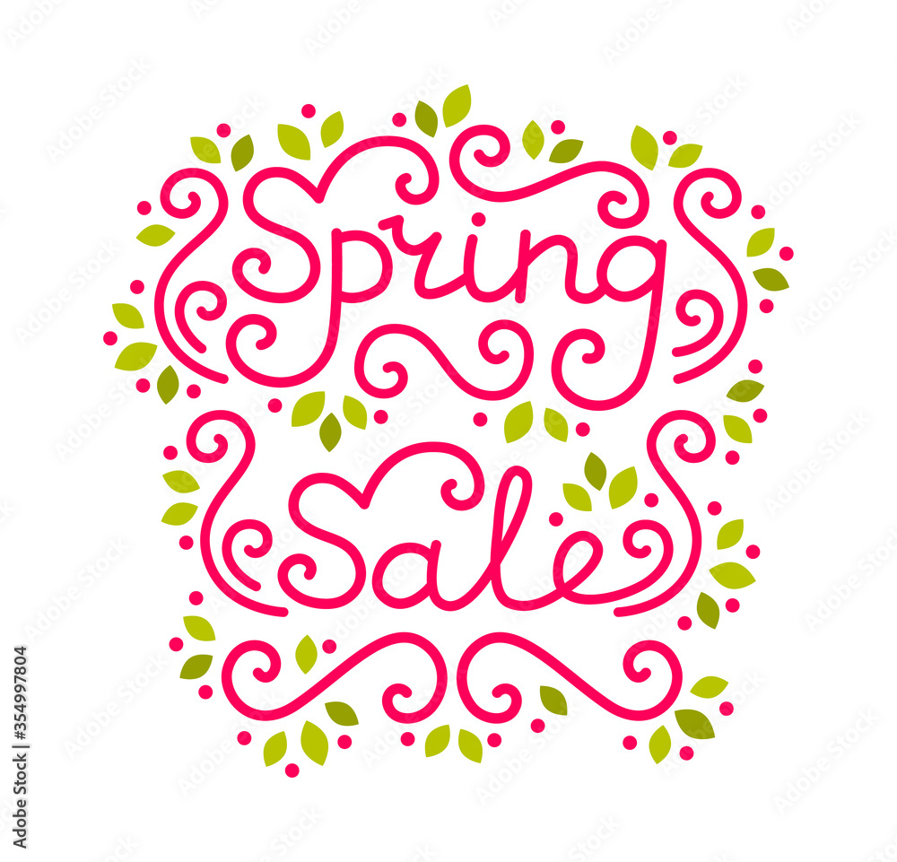 Spring sale design with hand drawn lettering. Calligraphy shapes. Vector illustration. Poster with green leaves and place for text.