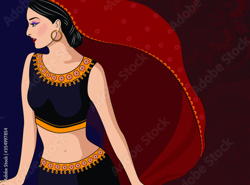 Portrait of Indian lady in traditional dress on the red background, leave blank space for you to put your message. Vector, Illustrator.