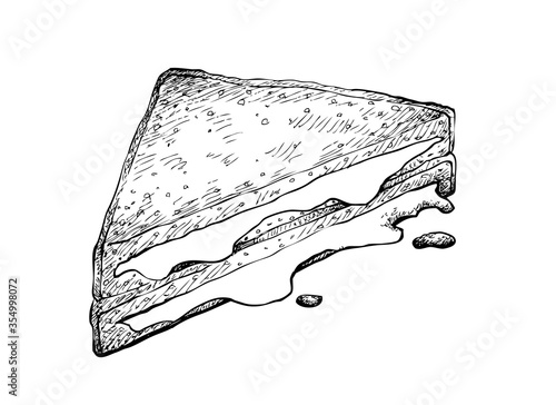 Illustration Hand Drawn Sketch of Delicious Homemade Freshly Grilled Cheese Sandwich Isolated on White Background.

