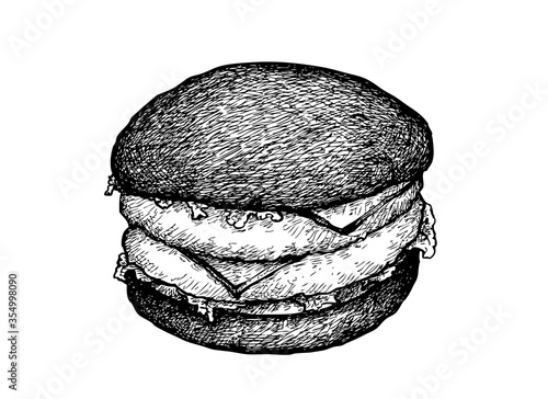 Obraz na plátně Illustration Hand Drawn Sketch of Delicious Charcoal Burger or Beef Burgery with Lettuce, Tomato, Onions and Cheese on Charcoal Wheat Buns