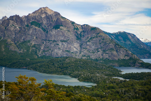 View from Villa LLao Llao in San Carlos de Bariloche, Patagonia, Argentina - picturesque landscape of blue water lakes and mountains, a famous tourist destination in Patagonia. 