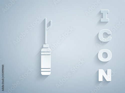 Paper cut Awl tool with wooden handle icon isolated on grey background. Work equipment tailor industry. Paper art style. Vector Illustration