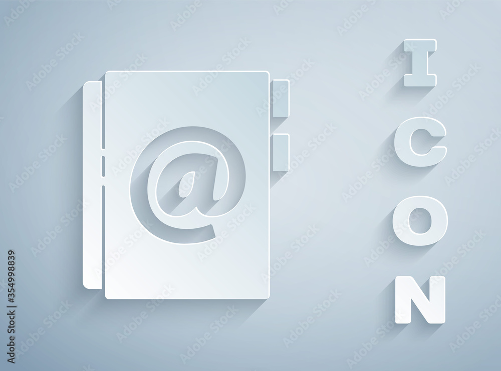 Paper cut Address book icon isolated on grey background. Notebook, address, contact, directory, phone, telephone book icon. Paper art style. Vector Illustration Paper cut Address book icon isolated on grey background. Notebook, address, contact, directory, phone, telephone book icon. Paper art style. Vector Illustration