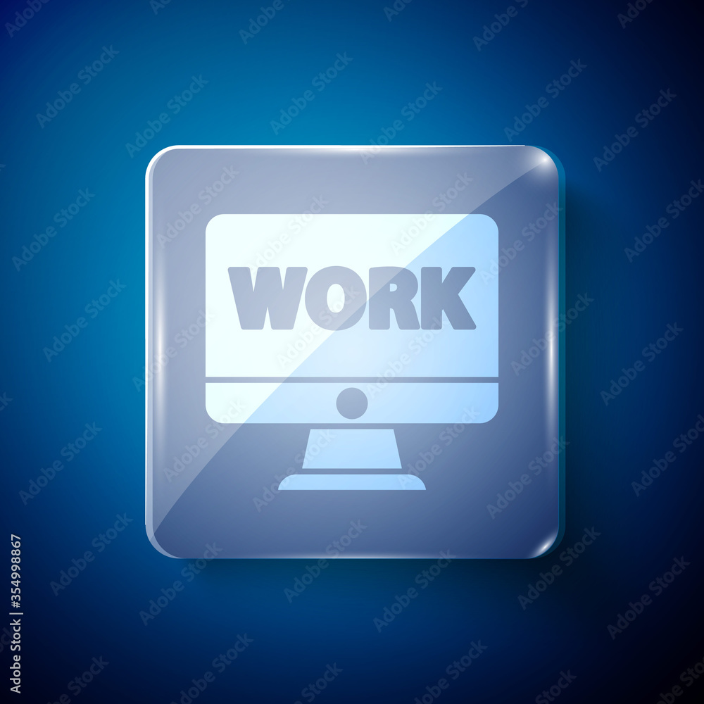 White Computer monitor with text work icon isolated on blue background. Square glass panels. Vector Illustration White Computer monitor with text work icon isolated on blue background. Square glass panels. Vector Illustration