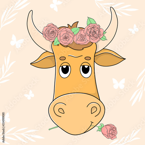 Head of a cute bull with a wreath of roses. Portrait.