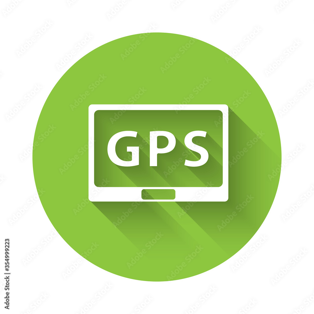 White Gps device with map icon isolated with long shadow. Green circle button. Vector Illustration White Gps device with map icon isolated with long shadow. Green circle button. Vector Illustration