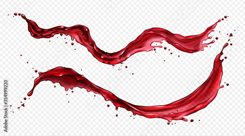 Horizontal splash of wine or red juice isolated on transparent background. Vector realistic set of liquid waves of flowing clear fruit drink, strawberry, grape or cherry juice