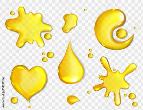 Spills of yellow juice or oil isolated on transparent background. Vector realistic set of liquid puddles in shape of heart, blob and Yin Yang, orange or mango juice drops, honey flows top view