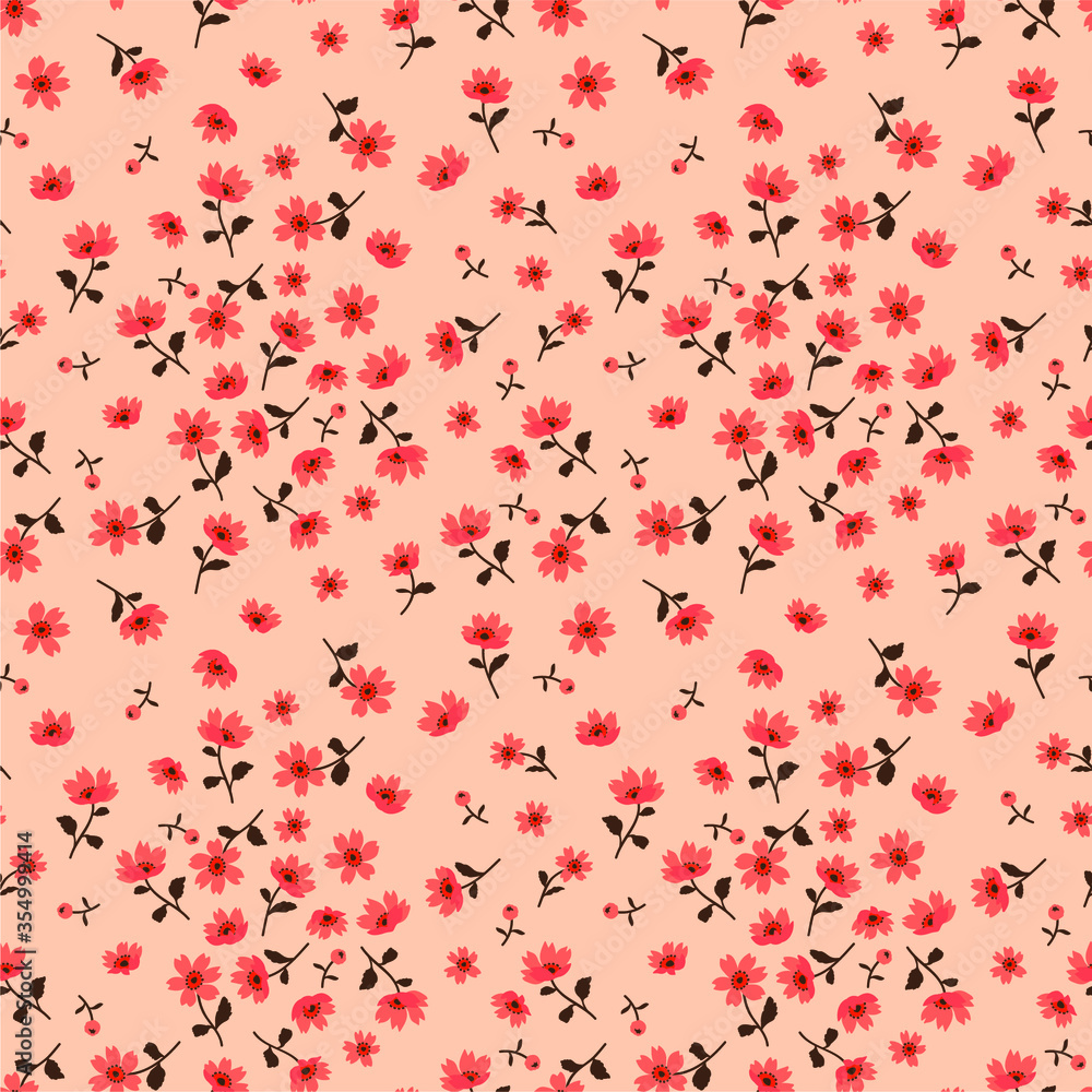 Floral pattern. Pretty flowers on coral background. Printing with small flowers. Ditsy print. Seamless vector texture. Spring bouquet.
