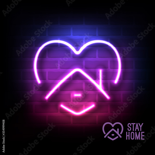 Stay Home Symbol with Heart and House. Vector Neon Illuestration