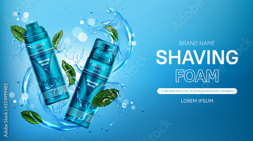 Shaving foam men cosmetics bottles ad banner with mint, water splashes, and droplets on blue background. Body care cosmetic product close and open tubes. Realistic 3d vector advertising promo poster