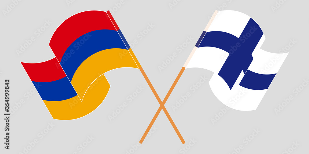 Crossed and waving flags of Armenia and Finland Crossed and waving flags of Armenia and Finland