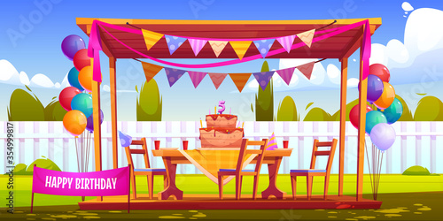 Kids birthday party decoration on backyard, festive cake with five years old candle, hats, balloons bunches and garlands at summer wooden house on green lawn front of fence Cartoon vector illustration