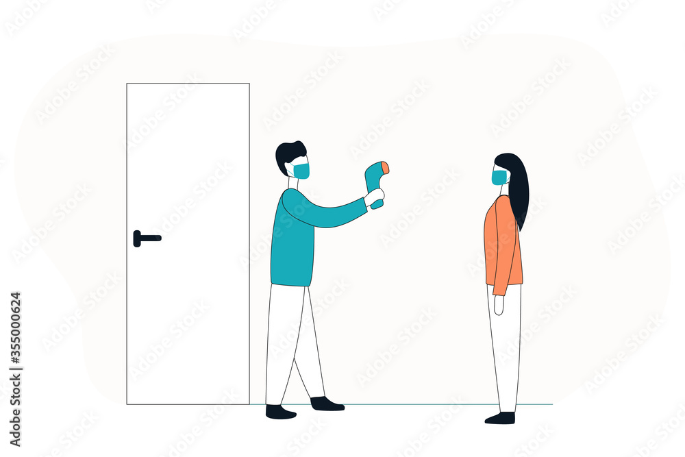 Checking temperature with a non-contact thermometer. Coronavirus pandemic. Vector flat illustration. Checking temperature with a non-contact thermometer. Coronavirus pandemic. Vector flat illustration.