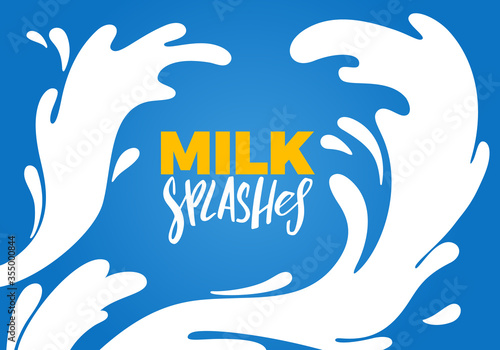 Vector Illustration of Cartoon Milk Splashes. Dynamic Yogurt Wave Border on Blue background. Vector Milk Package Design