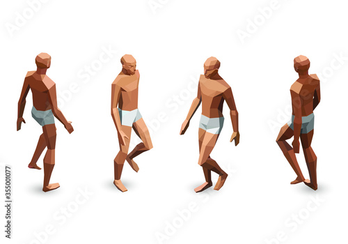 Vector isometric set of low poly man figure walking poses, naked body 