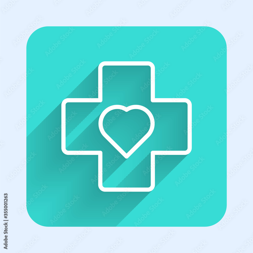 White line Heart with a cross icon isolated with long shadow. First aid. Healthcare, medical and pharmacy sign. Green square button. Vector Illustration White line Heart with a cross icon isolated with long shadow. First aid. Healthcare, medical and pharmacy sign. Green square button. Vector Illustration