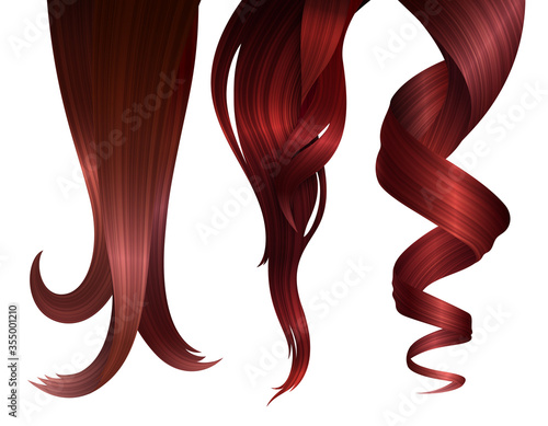 Set of Ginger Wavy Strands of Hair. Vector Realistic 3d Illustration.