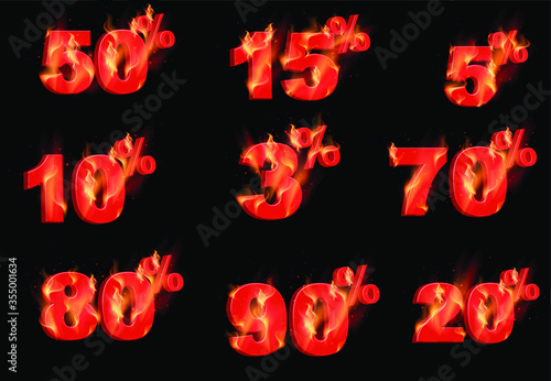 3D illustration, 3D lettering with discount % Off surrounding by flame on black background.