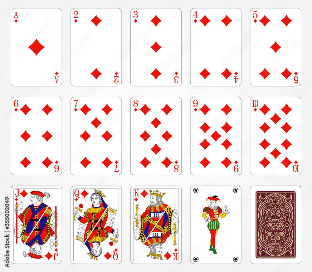 Playing cards of Diamonds suit on a white background. Vector illustration. Original design. Playing cards of Diamonds suit on a white background. Vector illustration. Original design.
