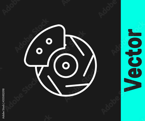 White line Car brake disk with caliper icon isolated on black background. Vector Illustration