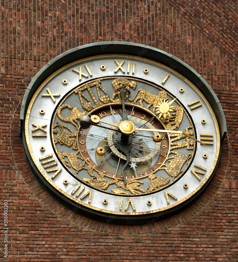 Astronomical clock on northern side of City hall (Radhuset) in Oslo, Norway