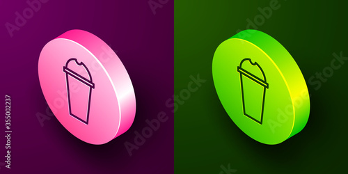 Isometric line Milkshake icon isolated on purple and green background. Plastic cup with lid and straw. Circle button. Vector Illustration