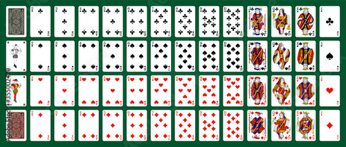 Poker set with isolated cards on green background. Poker playing cards, full deck.