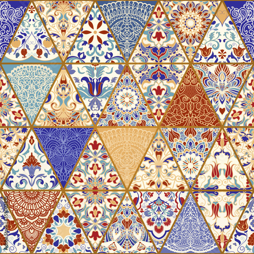 Azulejos tiles patchwork. Seamless colorful patchwork. Hand drawn seamless abstract pattern from mandalas. Majolica pottery tile, blue, ryellow azulejo. Original traditional Portuguese and Spain decor