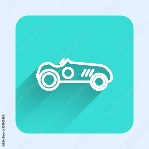 White line Vintage sport racing car icon isolated with long shadow. Green square button. Vector Illustration