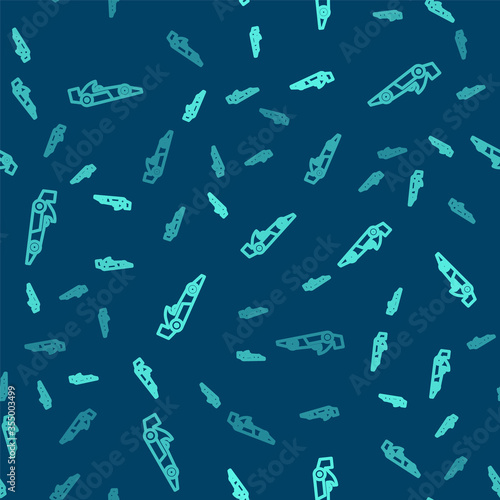 Green line Formula 1 racing car icon isolated seamless pattern on blue background. Vector Illustration
