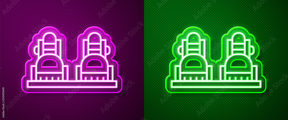 Glowing neon line Snowboard icon isolated on purple and green background. Snowboarding board icon. Extreme sport. Sport equipment. Vector Illustration Glowing neon line Snowboard icon isolated on purple and green background. Snowboarding board icon. Extreme sport. Sport equipment. Vector Illustration