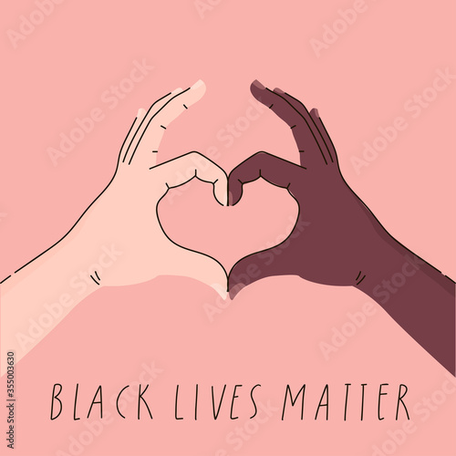 Black lives matter poster, card, banner. Hashtag blm stylised design. Black and white heart hands together concept. Campaign against racial discrimination of dark skin color. Vector Illustration.