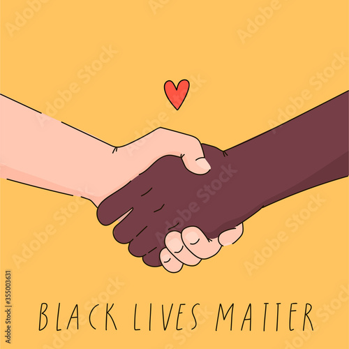 Black lives matter poster, card, banner. Hashtag blm stylised design. Black and white together handshake concept. Campaign against racial discrimination of dark skin color. Vector Illustration.