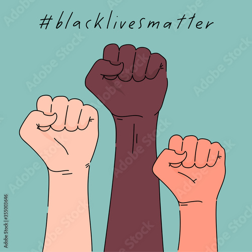 Black lives matter poster card banner. Hashtag blm stylised design. Black and white strong fists rised together concept. Campaign against racial discrimination of dark skin color. Vector Illustration