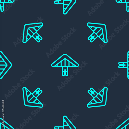 Green line Hang glider icon isolated seamless pattern on blue background. Extreme sport. Vector Illustration