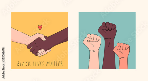 Black lives matter hand drawn poster, card collection. Hashtag blm stylised set. Black and white hands together concept. Campaign against racial discrimination of dark skin color. Vector Illustration.