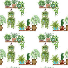 Keuken achterwand Planten in pot patronen Watercolor Seamless pattern of different house plants. Hand drawn indoor green plants in flower pots. Decorative greenery backdrop perfect for fabric textile, scrapbooking or wrapping paper.  © BarvArt