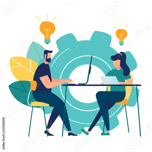 vector illustration Internet assistant at work. promotion in the network. manager for remote work, team work on the project, brainstorming