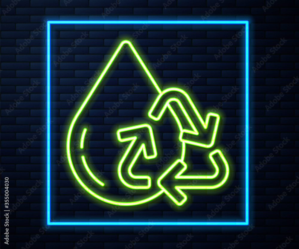 Glowing neon line Recycle clean aqua icon isolated on brick wall background. Drop of water with sign recycling. Vector Illustration Glowing neon line Recycle clean aqua icon isolated on brick wall background. Drop of water with sign recycling. Vector Illustration